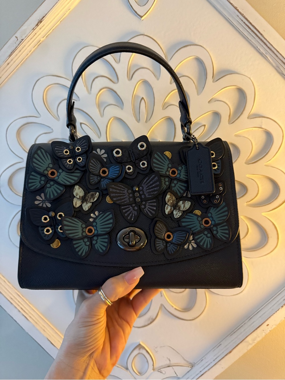 COACH Tilly Top Handle with Butterfly Appliqué Midnight Bag